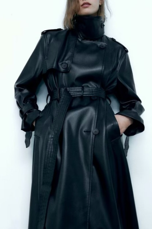 Belted Black Long Faux Leather Casual Versatile Overcoat Main image
