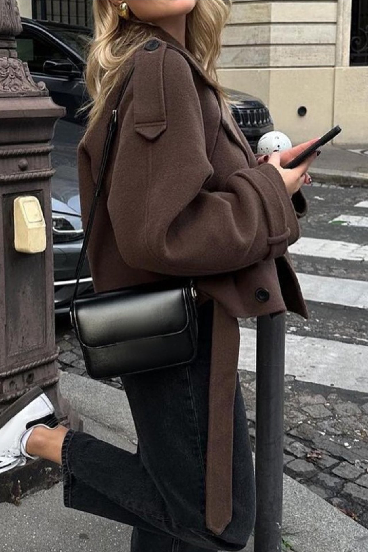 Wide Lapel Belted Cropped Wool Coat Secondary image