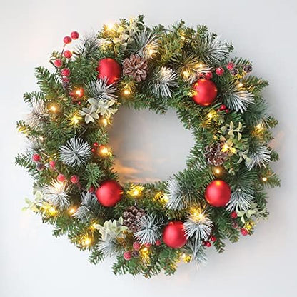 Pre-Lit Christmas Wreath with Pine Cones, Berries, and Ornaments - Indoor/Outdoor Decor (20 in)