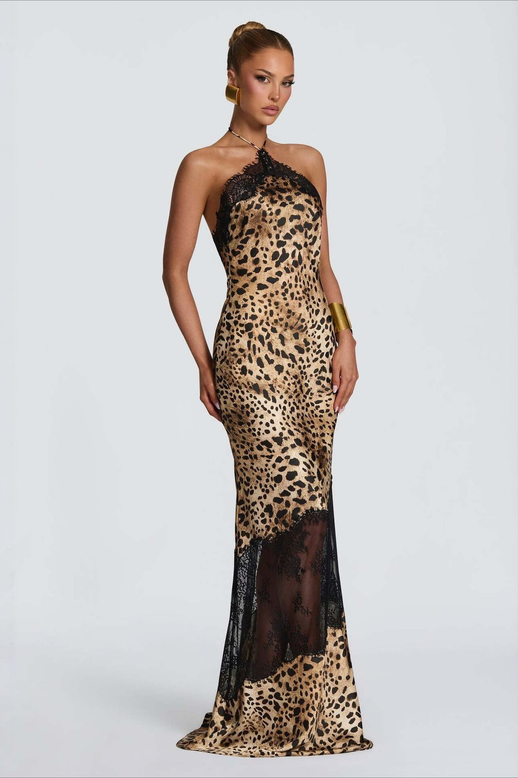 Lace Panel Leopard Halter Maxi Dress