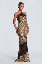 Lace Panel Leopard Halter Maxi Dress