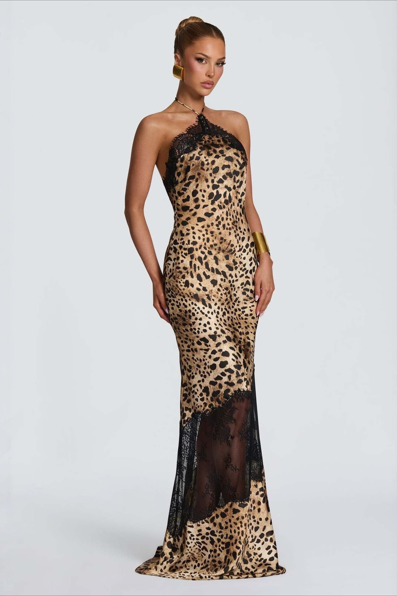 Lace Panel Leopard Halter Maxi Dress