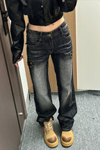 Heavy Wash Pocket Stitch Wide Leg Jeans