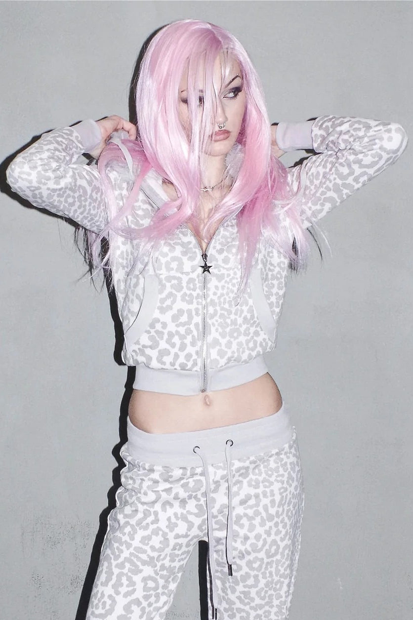 Zebra Print Fur Trim Cropped Hoodie