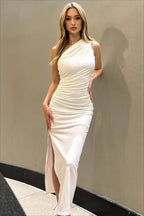 Solid Asymmetric Neck Slit Bodycon Midi Dress