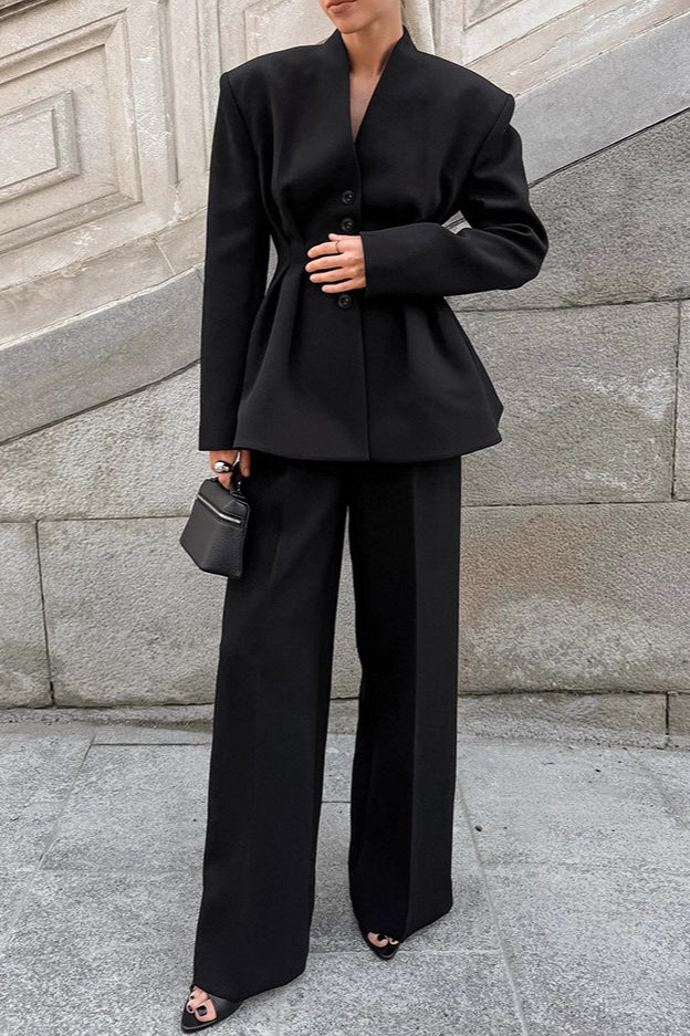Black V-Neck Ruched Waist Blazer Main image
