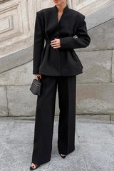 Black V-Neck Ruched Waist Blazer