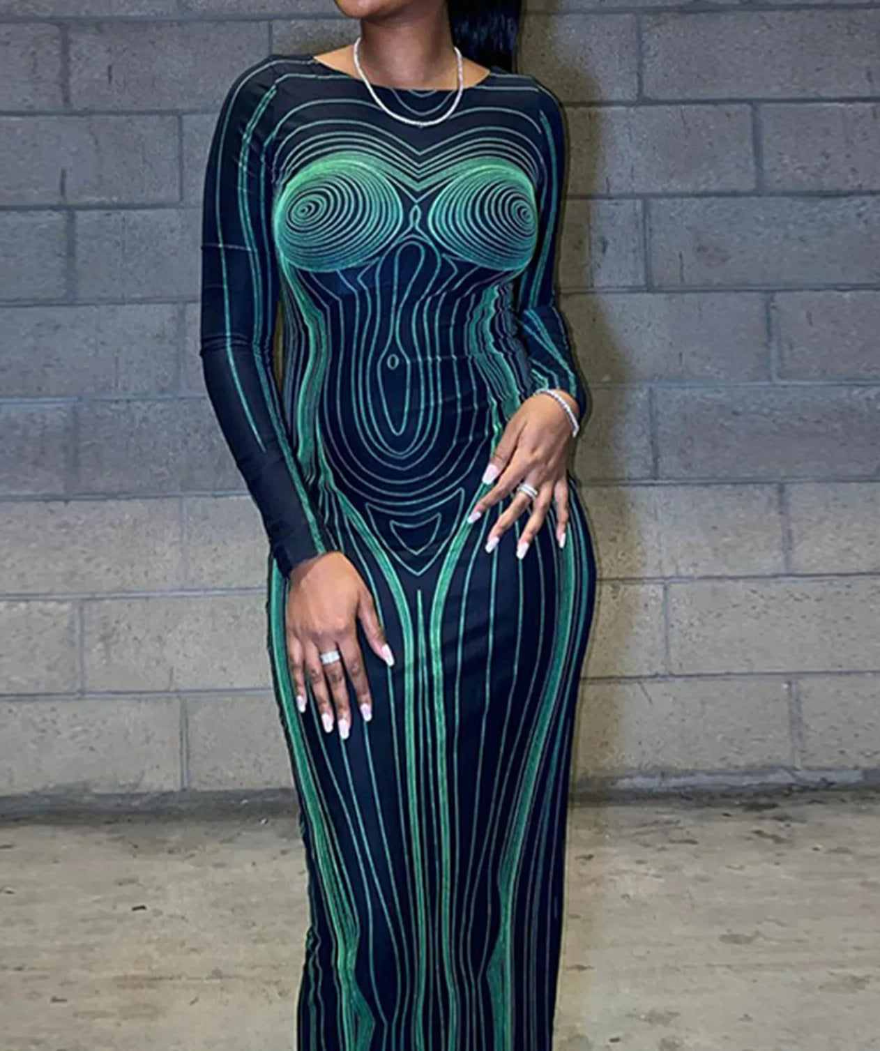 Striped See Through Bodycon Maxi Dress Main image