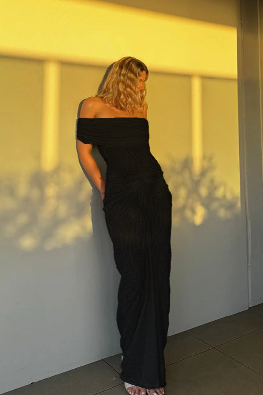 Simple Elegant Fold Over Off Shoulder Pleated Sheath Boho Dress Secondary image
