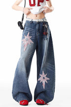 Raised Star Detail Wide Leg Streetwear Jeans