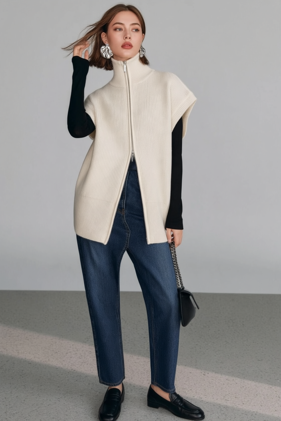 Dual Zip Turtleneck Knit Top