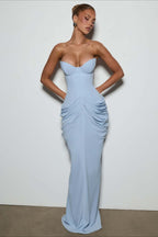 Strapless Sweetheart Corset Ruched Maxi Dress