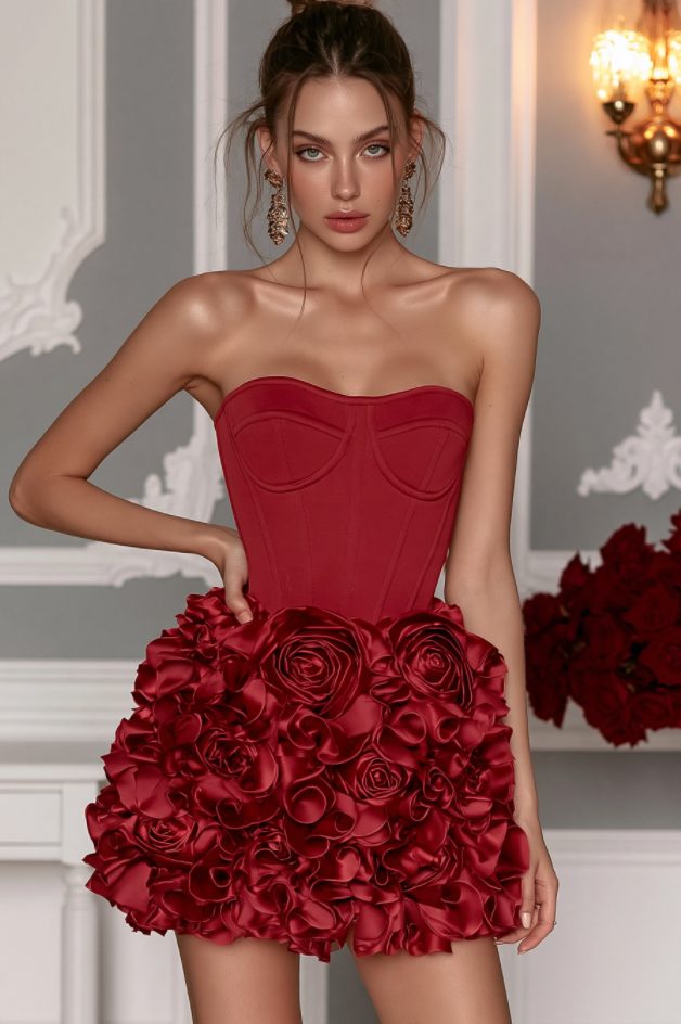 Strapless Ruffle 3D Floral Dress