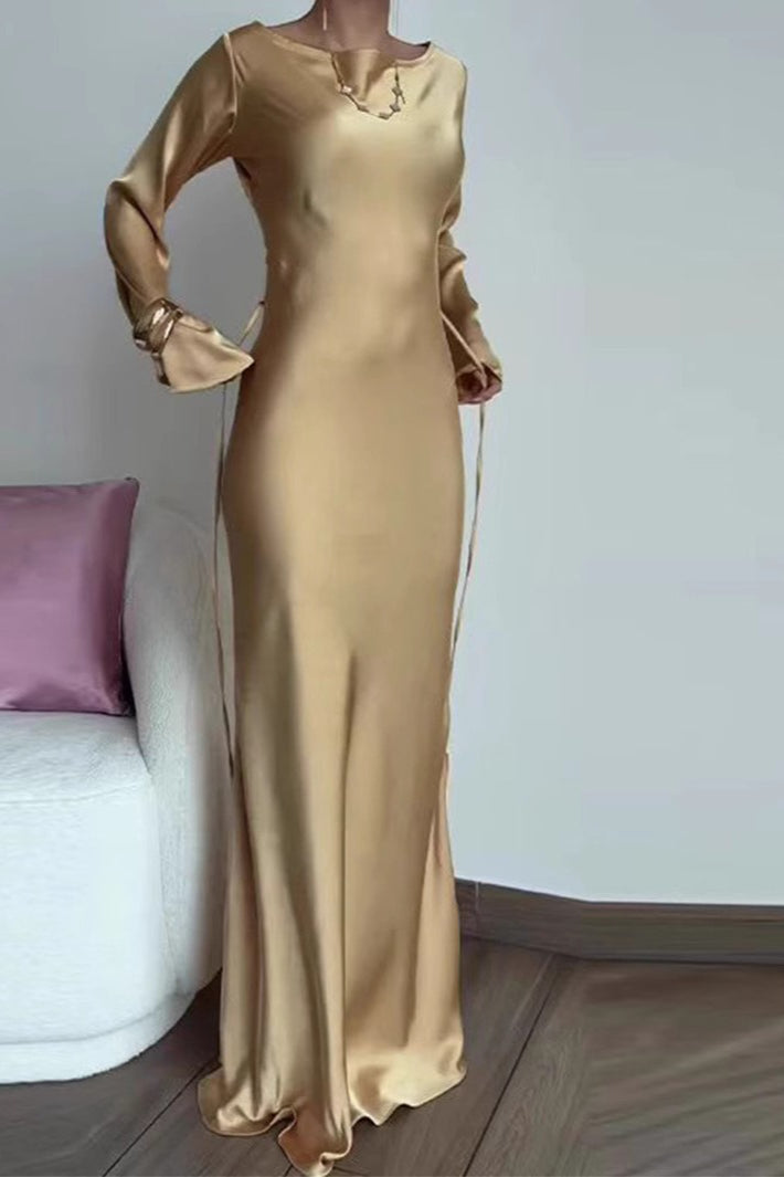Round Neck Long Sleeve Tie-Waist Silk Dress Main image