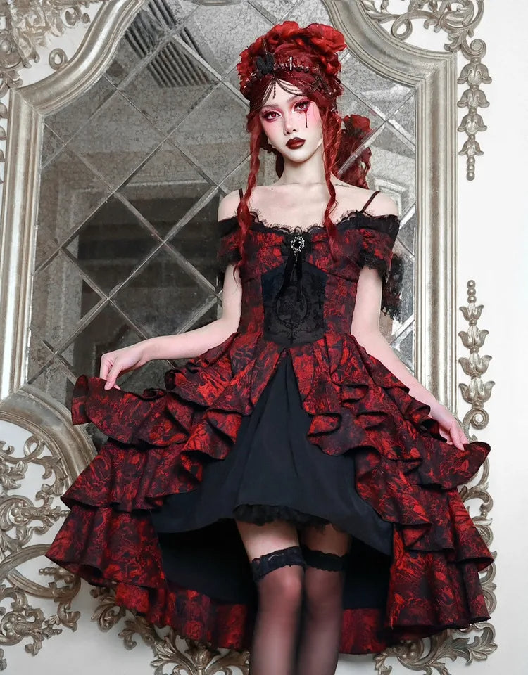 Japanese Gothic Style Red Black Halloween Off-Shoulder Court Wave Autumn Dark High-Waist Lolita Party Dress