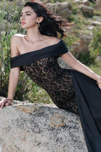 Lace Insert Off Shoulder Maxi Formal Dress