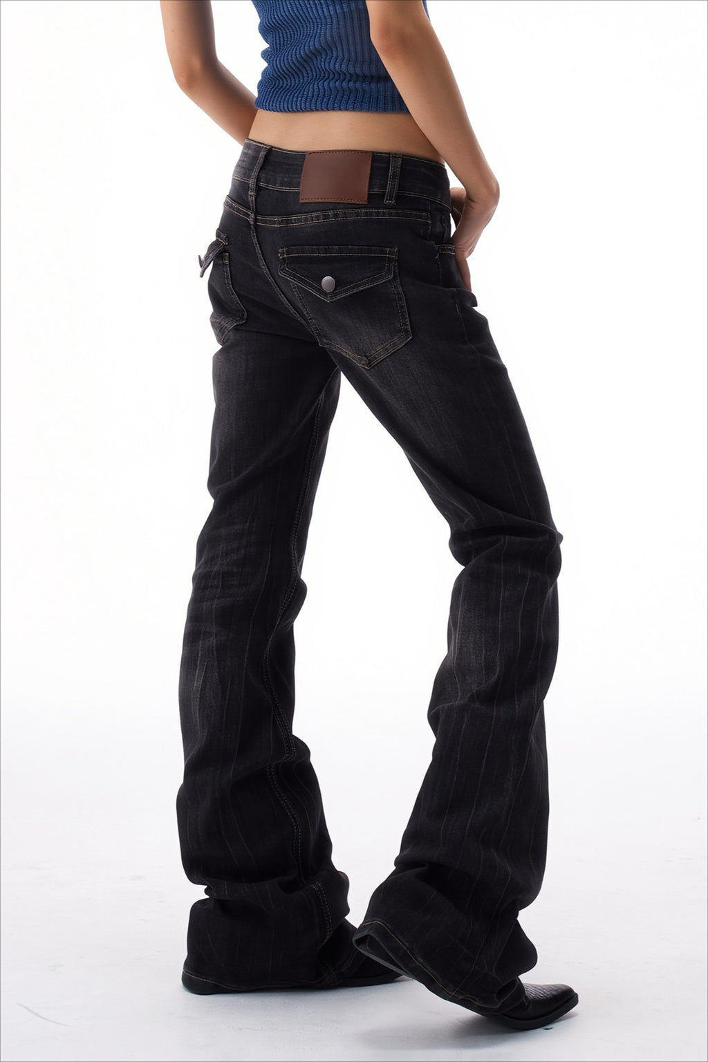 Double Button Charcoal Low Rise Flare Jeans
