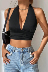 Backless Halter V-Neck Crop Top