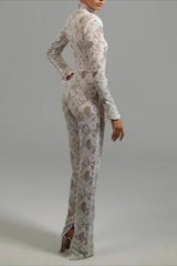Lace Sheer High Neck Long Sleeve Jumpsuit