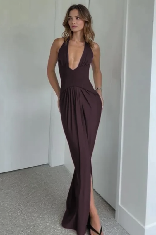Sexy Solid Backless Sleeveless Deep V Halter Party Dress Main image