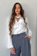 Pintuck Flare Sleeve Cotton Blouse