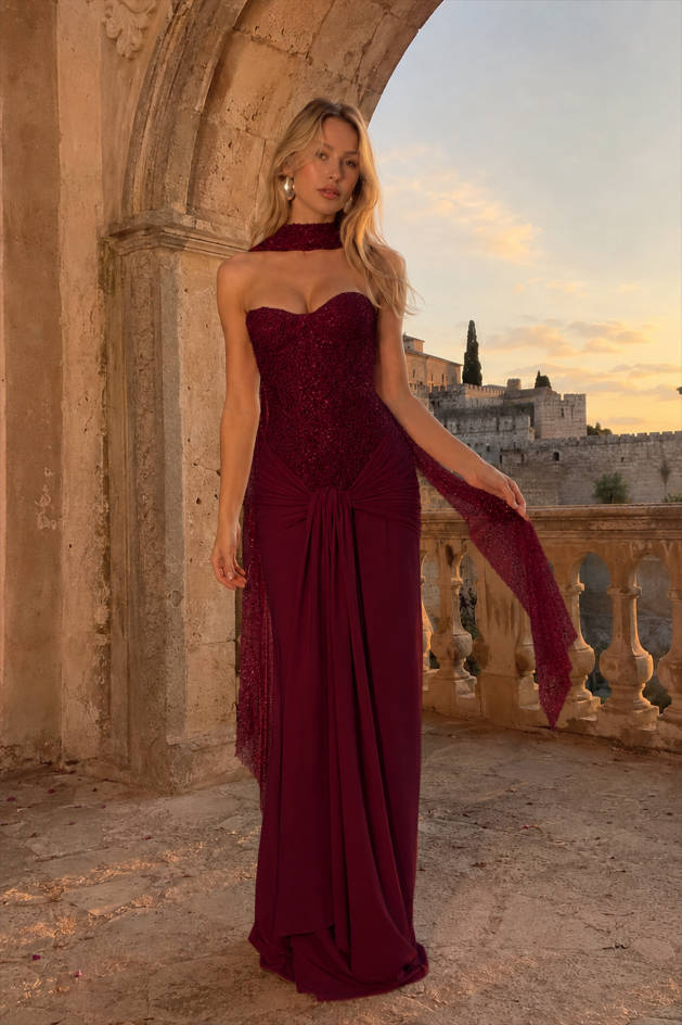 Ribbon Strapless Corset Maxi Evening Prom Dress