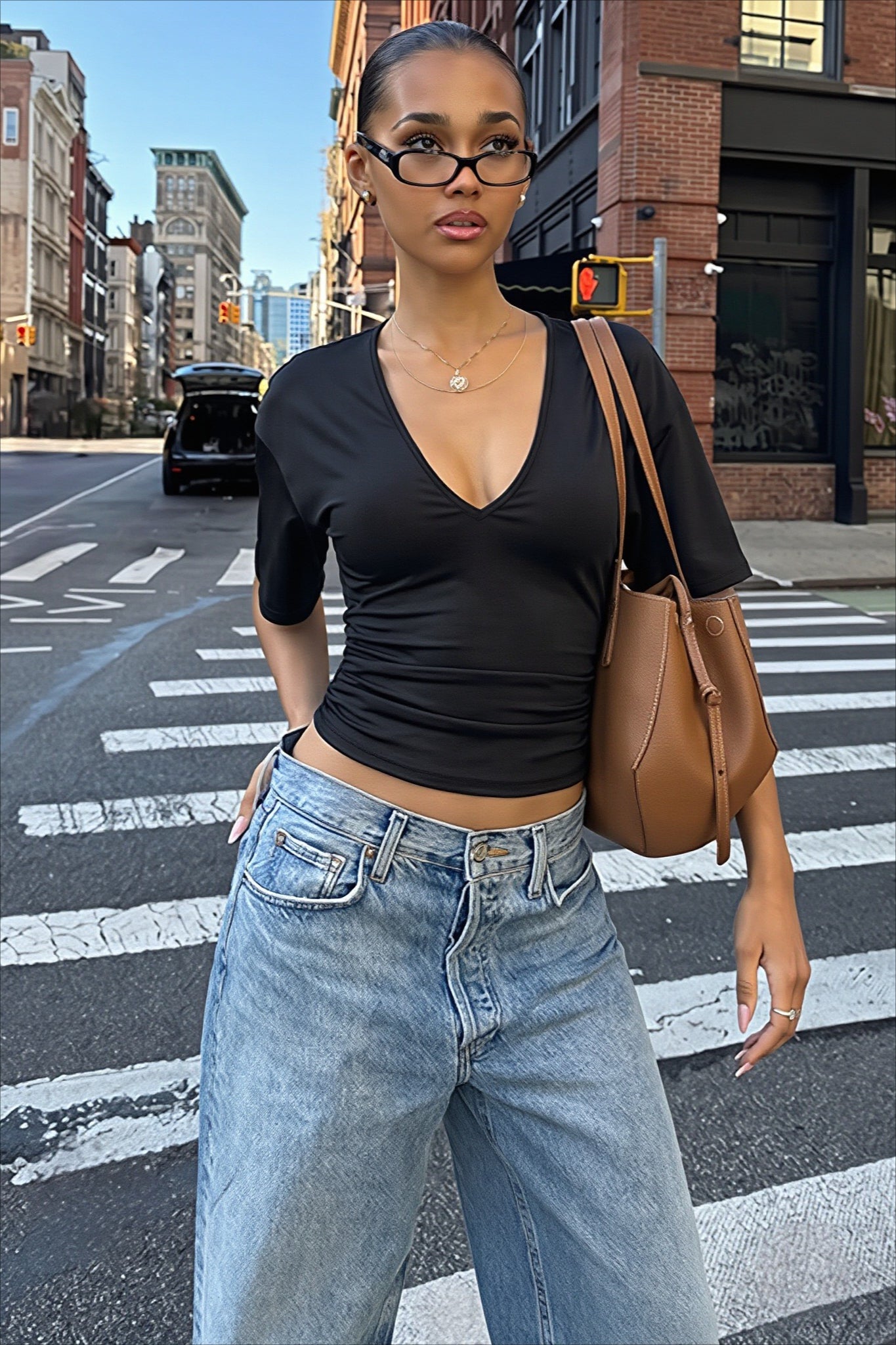 Fitted V-Neck Short Sleeve Crop Top