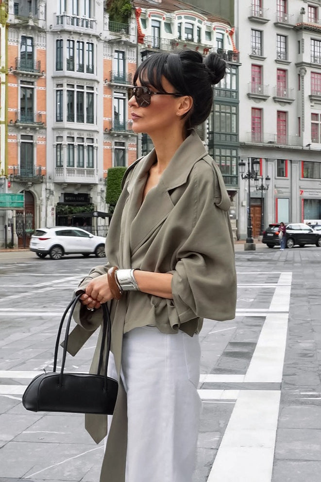 Olive Wide Lapel Belted Cropped Trench Coat