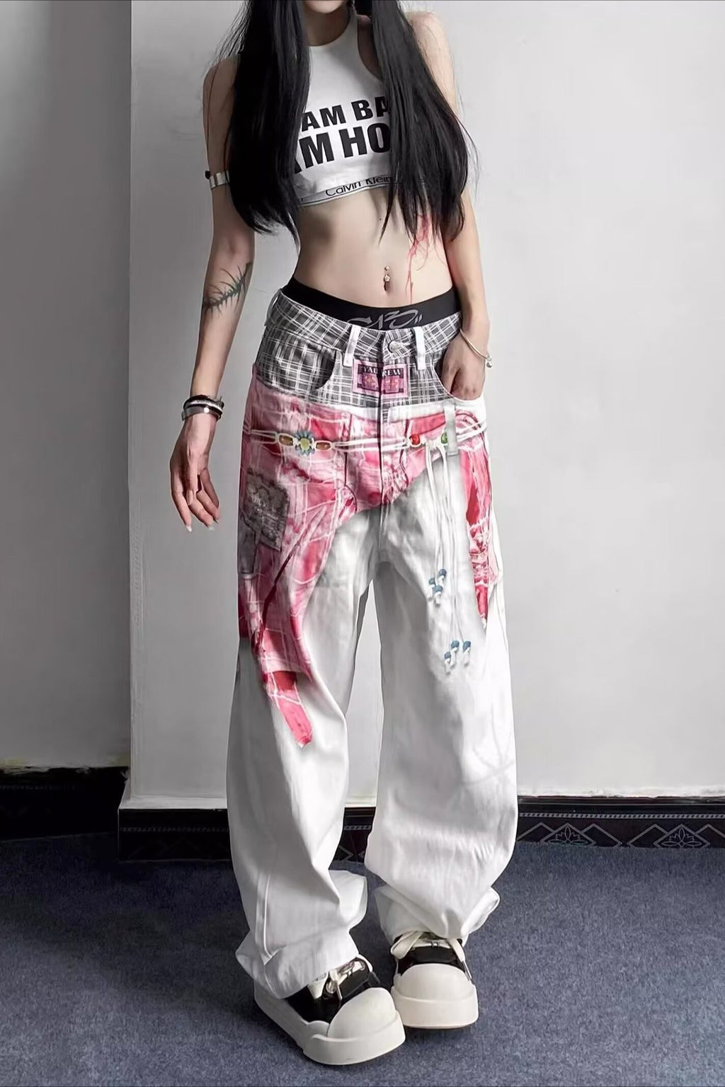 Tribal Print Layered Waist Loose Fit Jeans