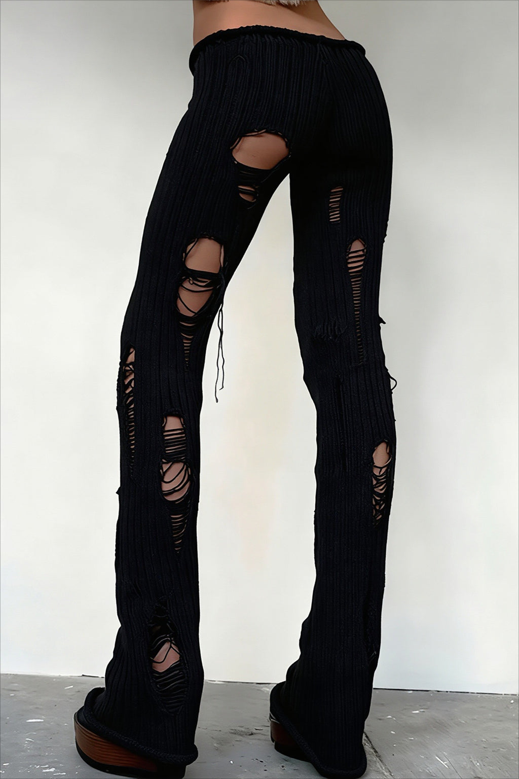 Distressed Ribbed Knit Flared Pants
