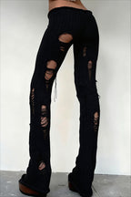 Distressed Ribbed Knit Flared Pants
