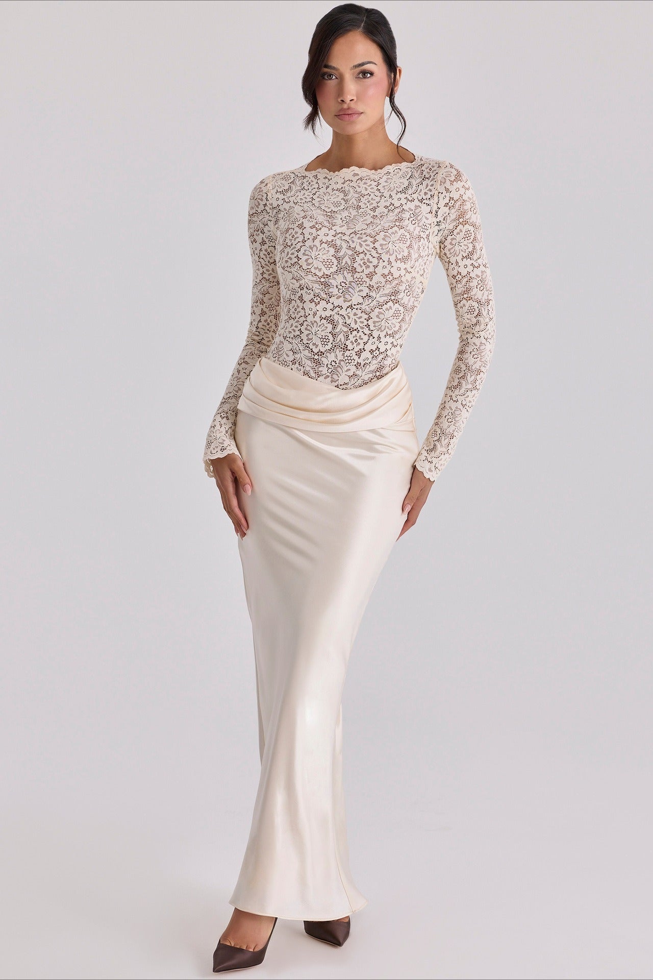 Sheer Lace Panel Ruched Satin Mermaid Maxi Lace Dress Main image