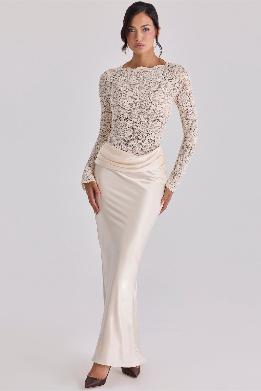 Sheer Lace Panel Ruched Satin Mermaid Maxi Lace Dress
