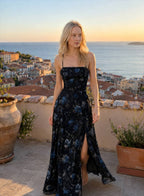 Retro Floral Strappy Backless High Split Pleated Maxi Dress