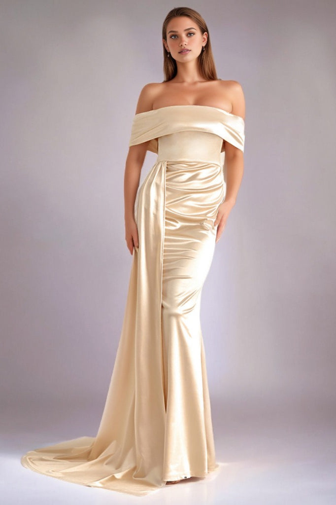 Solid Satin Off-Shoulder Strapless High Waist Formal Dress Main image