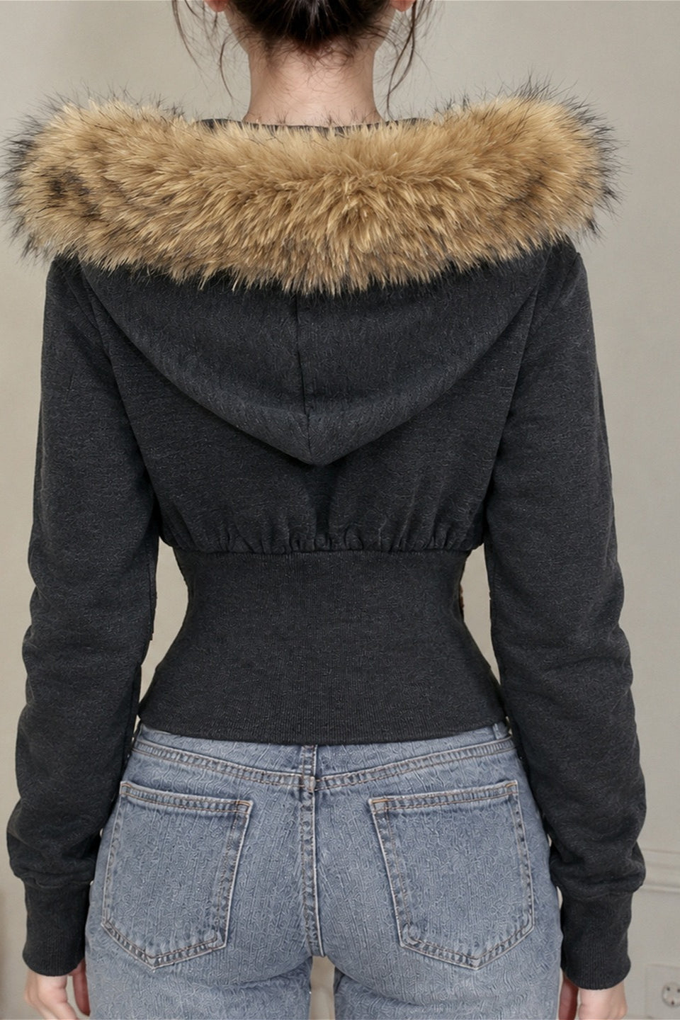 Corset Waist Fur Trim Zip Hoodie