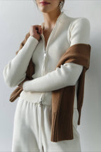 Ribbed Stand Collar Zip Front Fitted Sweater