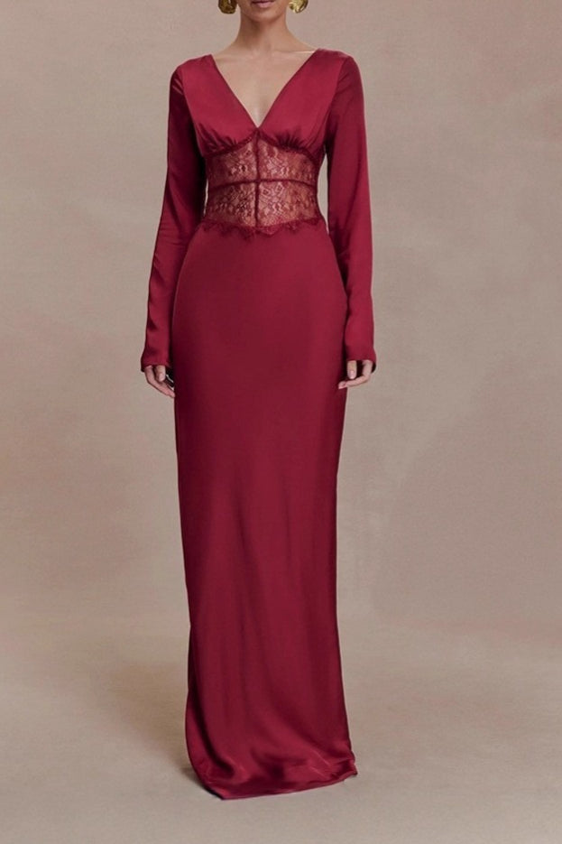 Deep V-Neck Lace Panel Bodycon Maxi Lace Dress Secondary image