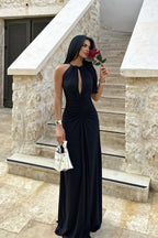 High Neck Keyhole Ruched Maxi Dress