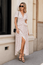 Elegant Puff Sleeve V Neck Slim Waist Long Floral Dress