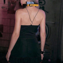 Mysterious Sexy Chain Black Cross Print Black Crop Top