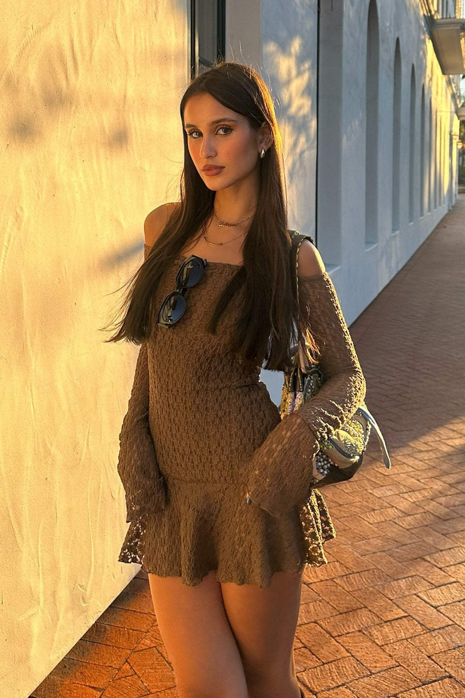 Hollow Out Off Shoulder Pleated Lace Dress Main image