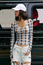 Vintage Argyle Mesh Fitted Long Sleeve T-Shirt