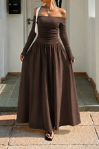 Off Shoulder Ruched Full Skirt Maxi Dress