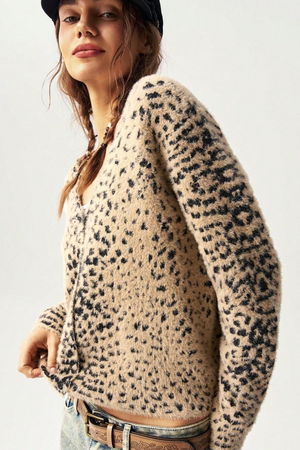 Leopard Print V Neck Button Cardigan Sweater