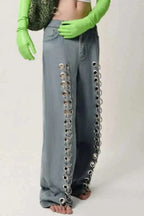 Metal Hole Hollow Out Straight Jeans