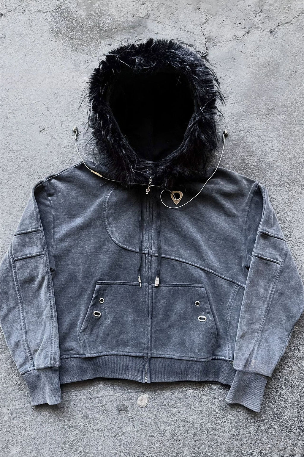 Fur Trim Washed Utility Pocket Zip Hoodie