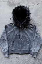 Fur Trim Washed Utility Pocket Zip Hoodie