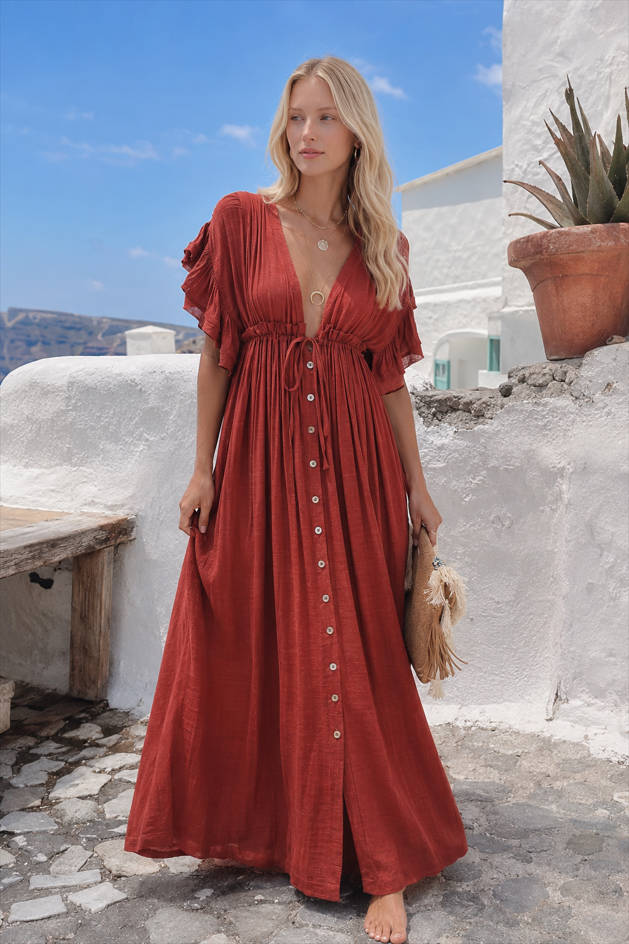 Button Front Drawstring Waist Maxi Boho Dress Main image