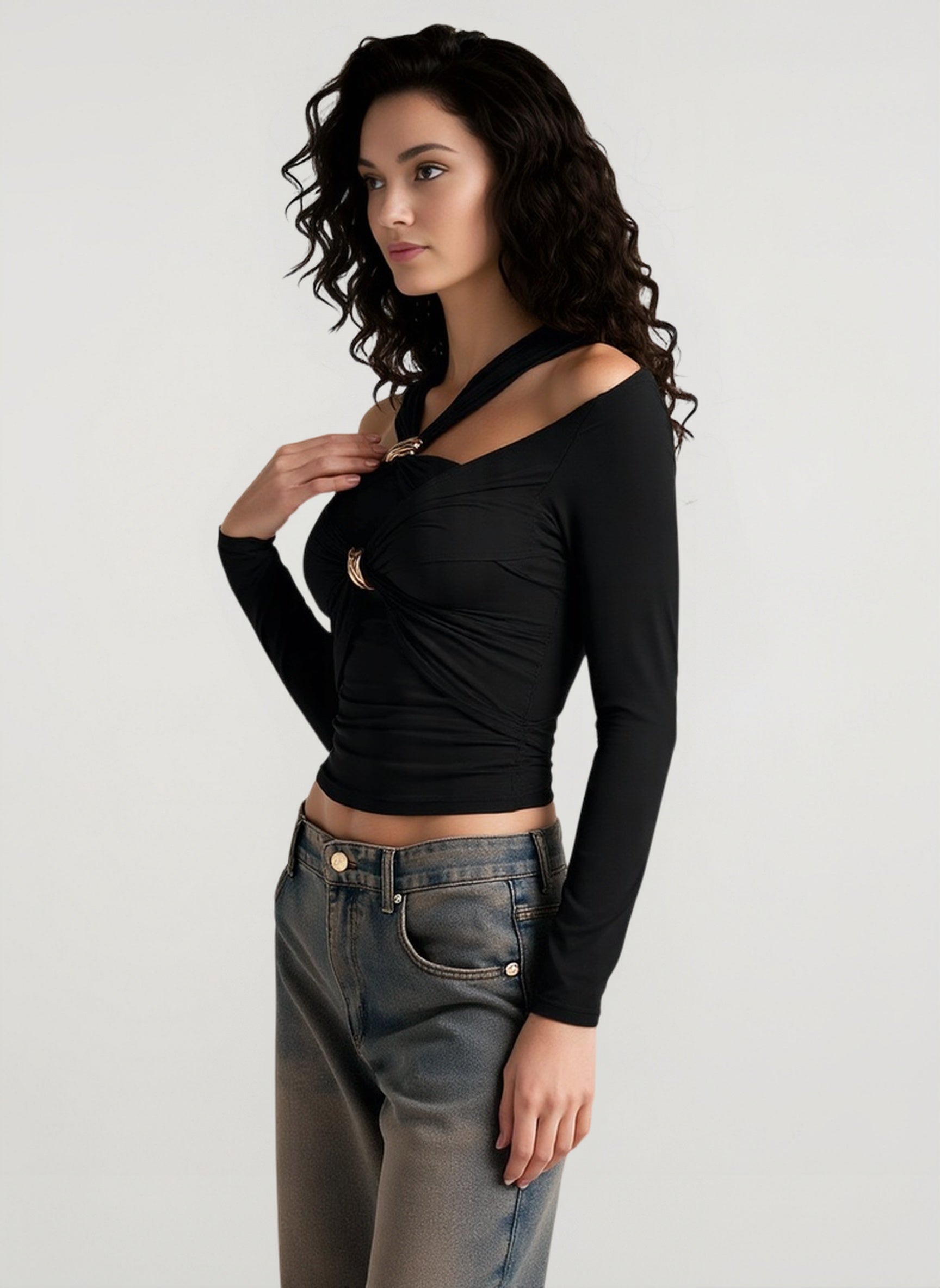 Printed Slim Fitted Crew Neck Cropped Long Sleeve Crop Top Secondary image